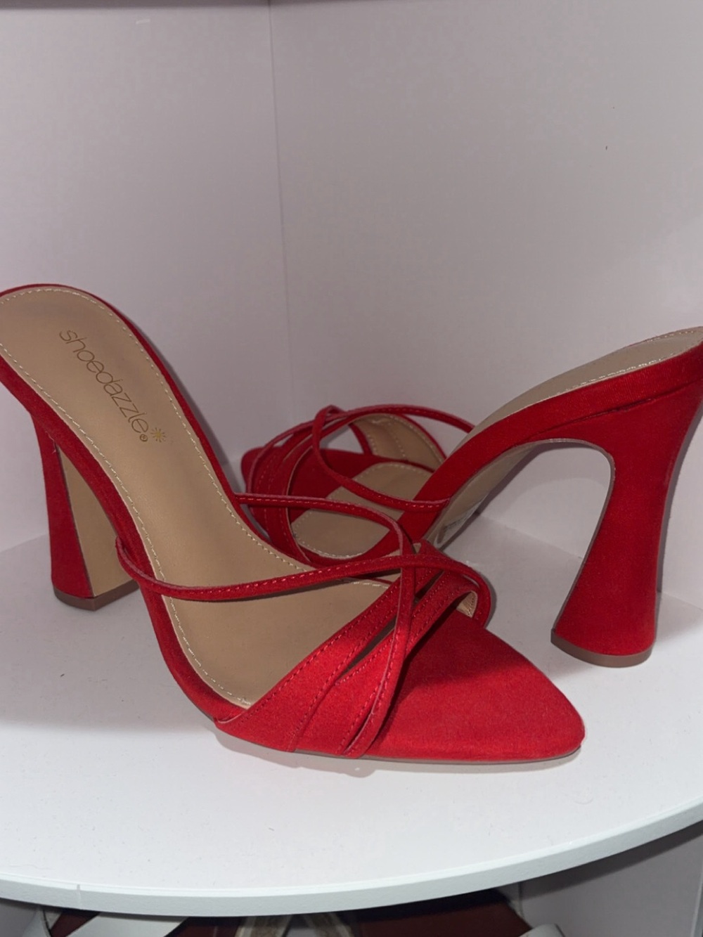 Shoe Dazzle Red Strappy Suede High-Heel Sandal 8 open back pointy toe new no tag